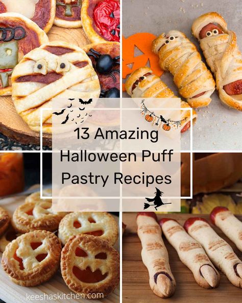 Puff Pastry Mummies, Fall Puff Pastry Appetizers, Puff Pastry Halloween Treats, Puff Pastry Recipes Halloween, Puff Pastry Halloween Recipes, Halloween Pastry Ideas, Fall Puff Pastry Recipes, Halloween Puff Pastry Ideas, Puff Pastry Halloween