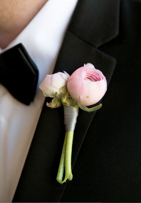 Ribbon Wedding Decor, Simple Boutonniere, Blush Peony, Pink Ranunculus, Blush Peonies, Ribbon Wedding, Groom Boutonniere, Garden Rose, Boutonniere Wedding