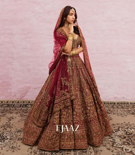 Shop Bedecked striking net - silk lehenga set by Ejaaz Couture Available at BIBI London 2024 Winter Outfit Woman, Ejaaz Couture, Golden Bridal Lehenga, Red Wedding Lehenga, Indian Wedding Reception Outfits, Best Indian Wedding Dresses, Cutdana Work, Latest Bridal Lehenga Designs, Red Bridal Dress