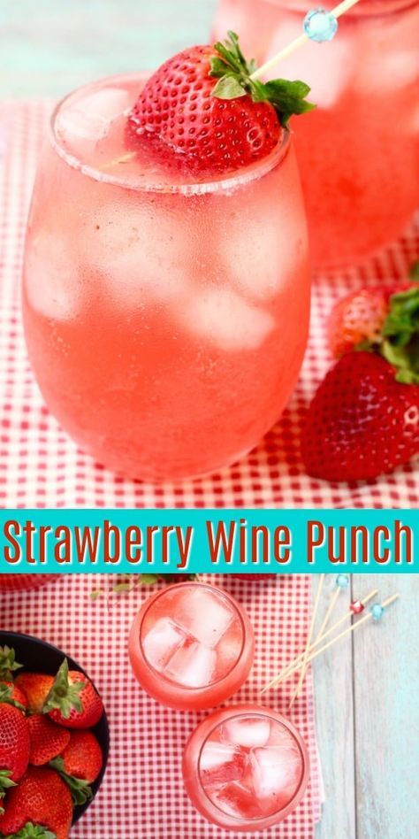 Easy Strawberry Wine Punch Cocktail ~ The perfect large batch party cocktail #cocktail #wine #strawberry #winepunch Wine Punch Recipes, Wine Punch, Wine Cocktail Recipes, Punch Cocktails, Moscato Wine, Wine Spritzer, Wine Slushie, Strawberry Wine, Frozen Cocktails