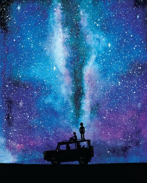 Adventure -Watercolour milky way painting, Galaxy painting, Watercolor galaxy, Nature wall art print Supernatural Silhouette, Galaxy Painting Watercolor, Milky Way Painting, Galaxy Art Painting, Words Wall Art, Art Galaxie, Easy Landscape Paintings, Night Sky Painting, Art Adventure