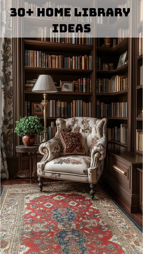 Traditional library with elegant armchairs and classic wooden shelves, offering a refined and timeless setting for book lovers. Library Wood Paneling, Home Library Small Space, Light Academia Library, Victorian Bookshelf, Cozy Home Library Ideas, Luxury Home Library, Green Bookshelves, Home Library Ideas, Reading Place