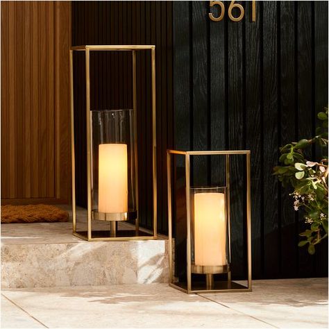 Outdoor Lighting & Light Fixtures | West Elm Outdoor Floor Lanterns, Floor Lanterns Decor, Outdoor Lanterns Patio, Floor Lanterns, Tall Lanterns, Metal Light Fixture, Spring Bedroom, Holiday Storage, Modern Candle Holders