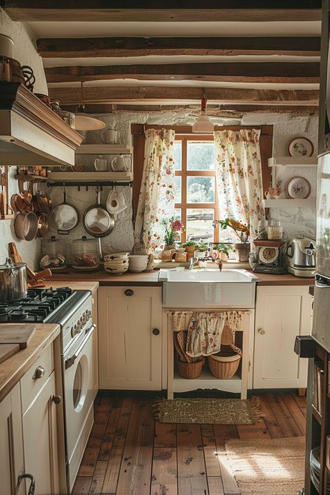 Get inspired by transformations of tiny cottage kitchens with modern minimalism and cozy aesthetics. 🌿✨ Cottage House Aesthetic Kitchen, Tiny Cottage Aesthetic, Cute Kitchen Island, Galley Cottage Kitchen, Cute Tiny House Interior, Cottage Living Aesthetic, Modern Grandma Style House, Cottage Cozy Kitchen, Cottage Core Apartment Kitchen