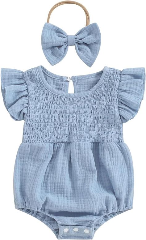 Amazon.com: Honganda Newborn Infant Baby Girl Clothes Set Ruffle Flying Sleeve Solid Smocked Bubble Romper with Bow Headband (Blue, 0-3 Months): Clothing, Shoes & Jewelry Cute Summer Clothes, Newborn Baby Girl Clothes, Infant Baby Girl, Linen Romper, Newborn Baby Girl, Romper Jumpsuit