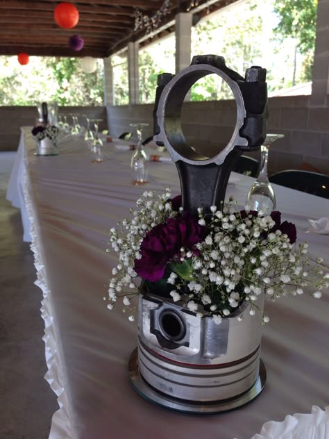 #piston #centerpiece #flowers #automotive #weddingcenterpiece #wedding Mechanics Wedding Theme, Mechanics Wedding, Car Themed Wedding, Wedding Wallpaper, Motorcycle Wedding, Biker Wedding, Rockabilly Wedding, Car Themes, Wedding Hijab