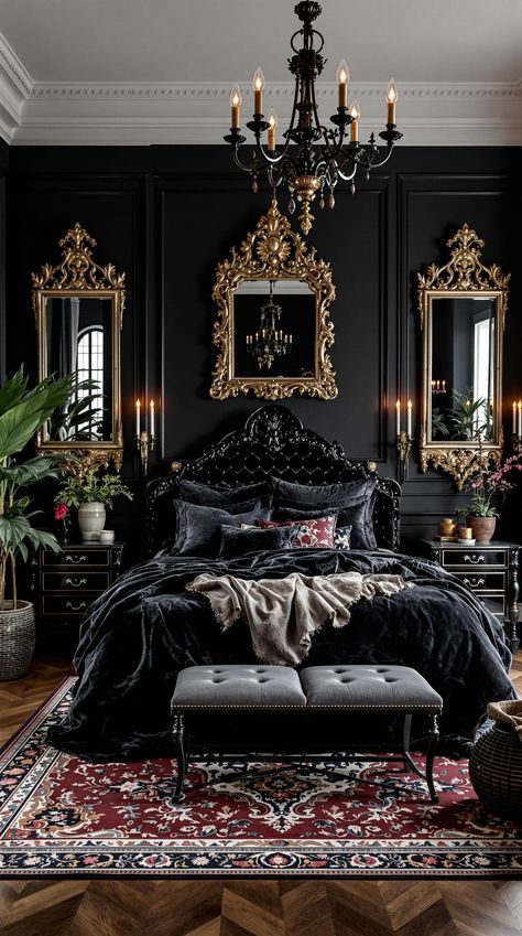 Black Boho Bedroom Ideas Gothic Maximalism Bedroom, Goth Glam Bedroom, Soft Goth Bedroom, Black Victorian Bedroom, Modern Goth Bedroom, Moody Minimalist Bedroom, Western Gothic Bedroom, Vintage Glamour Bedroom, Moody Feminine Bedroom