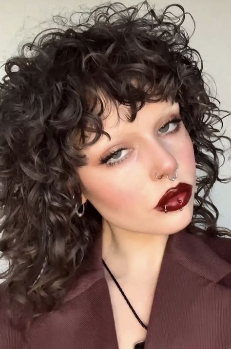 Emo Haircuts For Curly Hair, Curly Punk Hairstyles, Alt Curly Haircut, Goth Hairstyles For Curly Hair, Curly Hair Vampire, Grunge Hair Color Ideas, Curly Hair Alternative Style, Curly Rockstar Hair, Curly Hair Goth Hairstyles