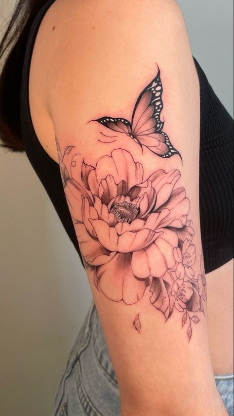 #tattoo #butterfly #tattooideas Peony Butterfly Tattoo, Peony And Butterfly Tattoo, Floral Butterfly Tattoo, Tattoo Butterfly, Floral Butterfly, Dreamcatcher Tattoo, Butterfly Tattoo, Flower Tattoo, Tattoos