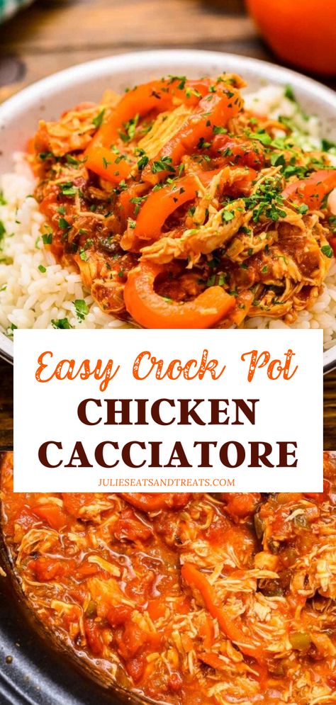 A flavorful Italian-style dish you can make in the slow cooker! Crock Pot Chicken Cacciatore is an old favorite. Filled with shredded chicken, tomatoes, peppers, and onions, this recipe is perfect for a quick and easy dinner. Serve over rice for a healthy and hearty meal! Crock Pot Chicken Cacciatore, Crockpot Chicken Cacciatore, Chicken Peppers And Onions, Crockpot Favorites, Dinner Crockpot, Chicken Tomatoes, Cacciatore Recipes, Italian Meals, Chicken Cacciatore Recipe