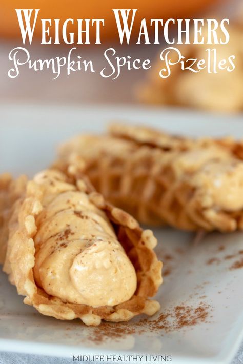 This delicious recipe is perfect as a light Fall dessert!   These Weight Watchers Pumpkin Spice Pizelles are simple to make, quick and delicious. There is only 3 Weight Watchers Freestyle Smart Points in each cookie! via @midlifehealthyliving Light Fall Desserts, Weight Watchers Pumpkin, Pizzelle Cookies, Pizzelle Recipe, Light Fall, Ww Desserts, Thanksgiving Meal, Weight Watchers Desserts, Bake Dessert