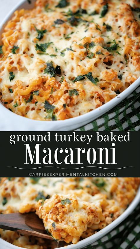 Macaroni combined with extra lean ground turkey, ricotta and mozzarella cheeses, spices and your favorite marinara sauce; then baked until golden brown. Ground Turkey Spaghetti Recipes, Ground Turkey Macaroni, Italian Ground Turkey Recipes, Ground Turkey Pasta Bake, Quick Family Dinner Ideas, Ground Turkey Pasta Recipes, Lunch Recipes For Kids, Ground Turkey Pasta, Best Casserole Recipes