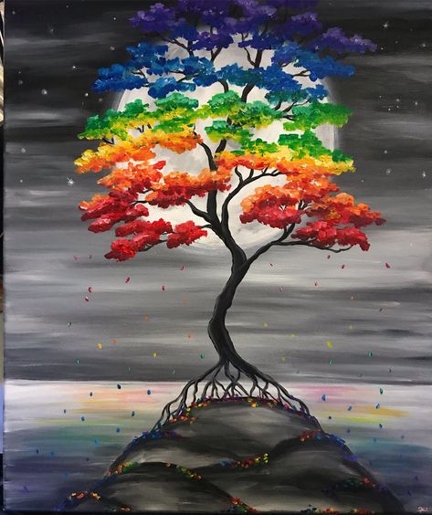 Original is hand painted on canvas. Rainbow bonsai tree, in a black and white setting. Full moon in background with rainbow blossoms falling. Prints of original are high quality, signed by Artist and matted for standard frames. All work is signed by Artist. Sharing A Rainbow Painting, Sharing A Rainbow Drawing, Beginners Canvas Painting, Canvas Painting For Beginners, Tree Of Life Painting, Jellyfish Painting, Cherry Blossom Painting, Acrylic Painting Ideas, Rainbow Tree