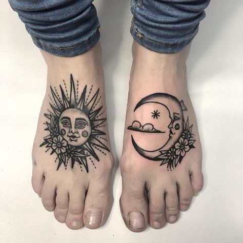 Did this moon on Túlia’s instep🌙 The sun is healed from a month ago ☝️ Moltes gràcies, bonica! 🧡 * * #traditionaltattoo #blackworkers… Sun And Moon Tattoos, Moon Tattoos, Foot Tattoos For Women, Sun Tattoos, Knee Tattoo, 1 Tattoo, Sun Tattoo, Foot Tattoo, Female Tattoo