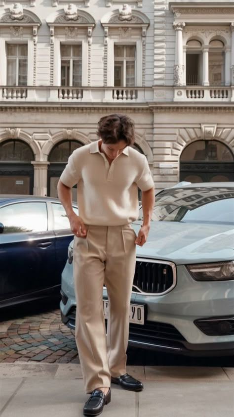 The final image shows a man donning a cream-colored, zippered polo paired with tailored trousers. This look combines the laid-back essence of mens casual polos with a hint of business casual flair. Party Formals For Men, Formal Polo Outfit Men, Cream Polo Shirt Outfit Men, Men Combination Outfits, Knitted Polo Outfit Men, Party Wear For Men Casual, Cream Polo Outfit Men, Party Wear Mens Outfit Night, Men’s Polo Casual Outfits