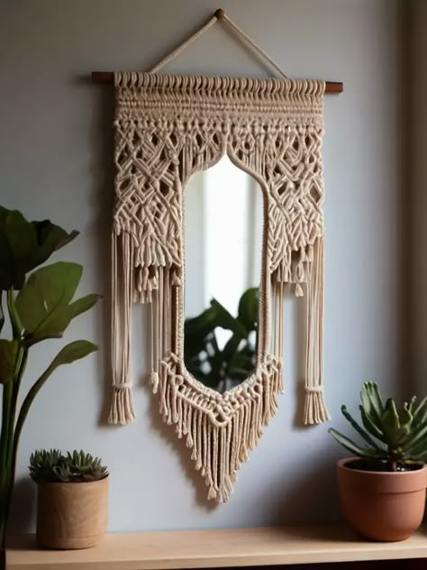 Discover 2024’s Top 25 Macramé Mirror Wall Hanging Ideas Macrame Mirror Wall Hanging Tutorial, Macrame Ideas Projects, Macrame Mirror Wall Hanging, Macrame Decor Ideas, Wall Mirror Ideas, Macrame Wall Hanging Ideas, Wall Decor Amazon, Mirror Macrame, Mirror Wall Hanging