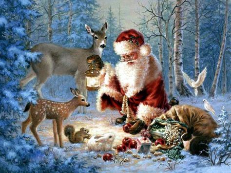 Deer+and+Reindeer+Christmas+Wallpapers Santa Claus Is Coming To Town, Draw Picture, Vintage Santa Claus, Christmas Scenes, Noel Christmas, Vintage Christmas Cards, Father Christmas, Christmas Images, Vintage Santas