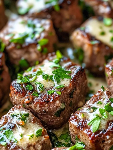 Garlic Butter Steak Bites with Parmesan Cream Sauce – A Mouthwatering Delight Garlic Parmesan Beef Tips, Elk Steak Bites, Steak Bites Appetizers Parties, Steak With Garlic Cream Sauce, Garlic Parmesan Steak Bites, Steak Bites Appetizer, Steak Bite Appetizers, Parmesan Steak Bites, Garlic Butter Steak Tips