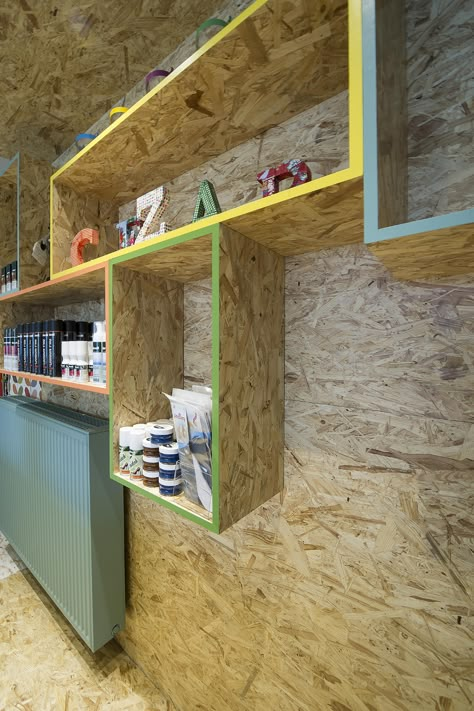 Chipboard Interior, Painted Osb, Osb Plywood, Plywood House, Osb Board, Calm Color Palette, Woodworking Garage, Store Concept, Meditation Corner