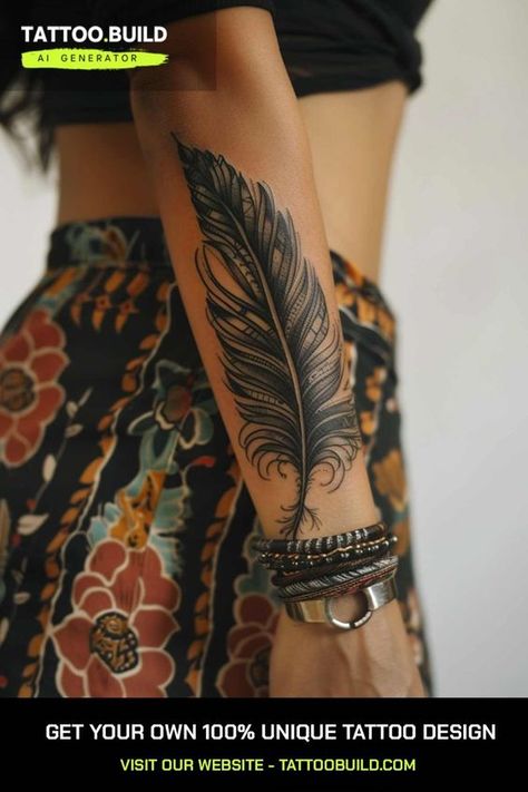 Feather tattoos can carry various meanings and symbolism.

Some common interpretations include:

Freedom – Feathers are often associated with the ability to fly and a sense of freedom, both physical and spiritual. They can represent freedom of expression, free-spiritedness, or being unchained. Feather Forearm Tattoo Women, Large Feather Tattoo, Indian Feather Tattoos For Women, Woman Hand Tattoo Ideas, Feather Hand Tattoo, Feather Tattoo Cover Up, Indian Tattoos For Women, Native American Feather Tattoo, Feather Tattoo Ideas