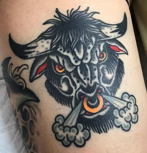 Mean Bull Tattoo, Forarm Tattoos American Traditional, Old School Bull Tattoo, American Traditional Animal Head Tattoo, American Traditional Ram Tattoo, Animal Tattoos Traditional, American Traditional Bull Tattoo, American Traditional Shin Tattoo, American Traditional Tattoos Animal