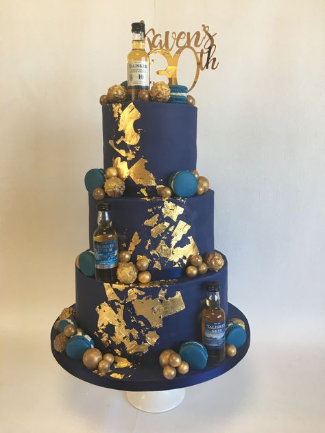 3 tier Navy 30th birthday cake with edible gold leaf, macarons and gold chocolate decorations Navy Blue And Gold Birthday Cake For Men, 40th Birthday Ideas For Men Blue And Gold, 3 Tier Cake For Men, 18th Birthday Cake 3 Tier, 3tier Birthday Cake, Navy Blue And Gold Cake For Men, Navy And Gold Birthday Cake, 3 Tier Birthday Cake For Women, Navy Gold Cake