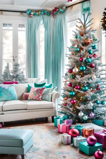 Christmas Turquoise Decoration, Pink Blue White Christmas Tree, Teal Tree Christmas, Turquoise Red Christmas, Pink Teal Christmas Tree, Christmas Tree Bright Colors, Teal And Pink Christmas Tree, Red And Turquoise Christmas Tree, Preppy Christmas Tree Ideas