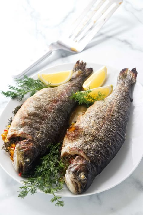 Whole Baked Stuffed Trout Recipe with Easy Stuffing Stuffed Trout Recipes Baked, Fresh Trout Recipes Baked, Stuffed Trout Recipes, Baked Trout Recipes, Trout Dishes, Whole Trout Recipes, Stuffed Trout, Seafood Board, Fried Trout