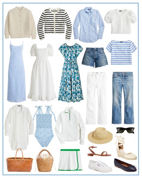 CARLY WHAT TO PACK FOR A SPRING VACATION Cruising Outfits, Outfit Ideas Warm Weather, Summer Fashion Street Style, White Smocked Dress, Striped Tee Dress, Living By The Sea, Capsule Wardrobe Women, Spring Summer Capsule Wardrobe, Coastal Fashion