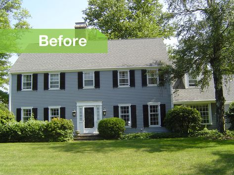 Houzz Tour: Renovations Modernize a 1970s New Jersey Colonial Center Hall Colonial Exterior, Colonial Exterior Makeover, Colonial Exterior Remodel, Colonial House Remodel, Colonial Home Renovation, 70s House Exterior, Colonial House Exterior, Modern Colonial House, Updated Colonial