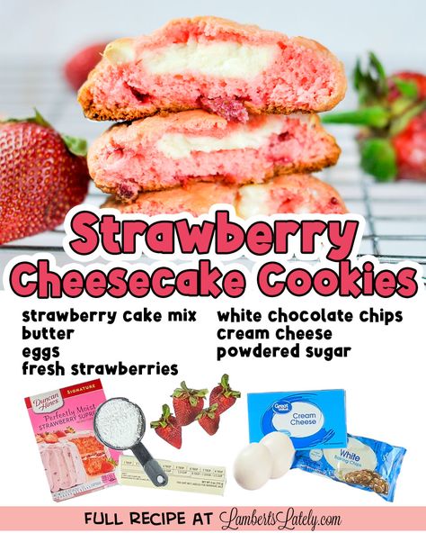 Strawberry Cheesecake Cookies have a bright, fruity cookie outside with a creamy, tangy cream cheese filling. They are made with cake mix & other simple ingredients! Strawberry Cake Mix Cookies With Cream Cheese, Cheesecake Crunch, Strawberry Cake Cookies, Strawberry Cream Cheese Cookies, Cherry Chip Cake Mix, Strawberry Cheesecake Cookies, Fruity Cookies, Quick And Easy Sweet Treats, Cheese Cake Filling