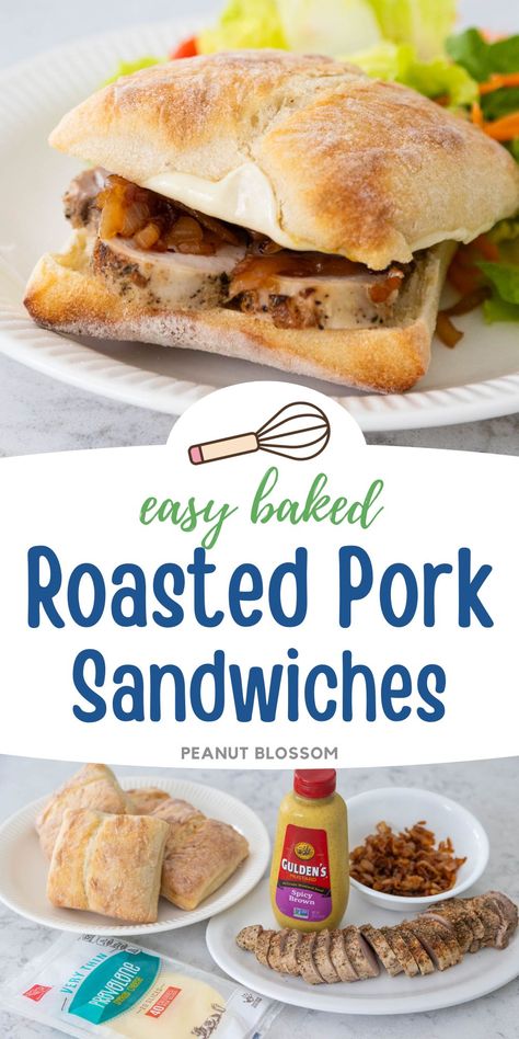 This tender roasted pork sandwich has caramelized onions, mustard, and melted cheese on ciabatta bun. It makes a quick and easy weeknight dinner with some leftover pork tenderloin or pork loin. Pork Burgers In Air Fryer, Leftover Pork Tenderloin, Roast Pork Sandwich, Pork Tenderloin Sandwich, Recipes Pork, Leftover Pork, Easy Sandwich Recipes, Roasted Pork, Thanksgiving Food Desserts