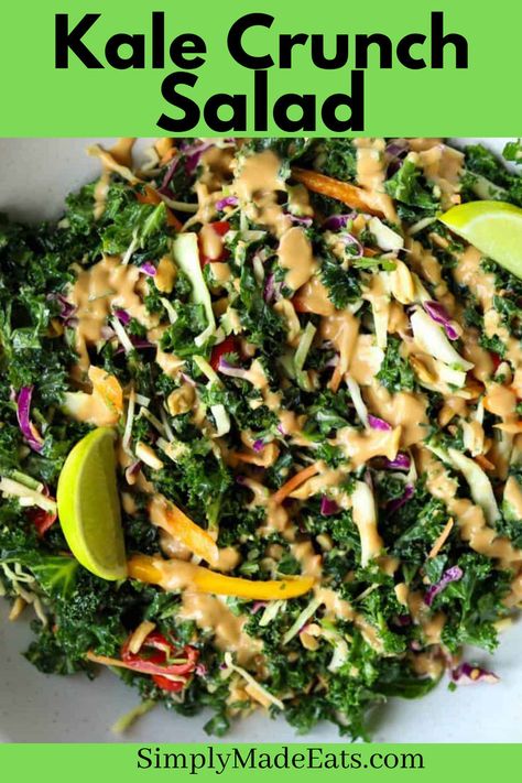 Kale salad with peanut dressing in bowl. Crunchy Kale Salad, Peanut Salad Dressing, Kale Crunch Salad, Crunchy Kale, Marinated Kale, Salad With Peanut Dressing, Peanut Salad, Crunch Salad, Peanut Dressing