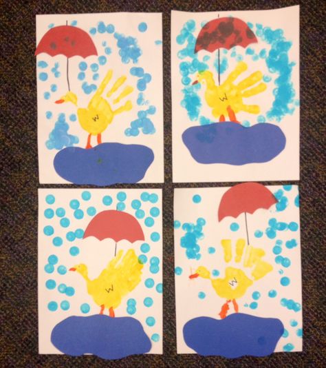 Rain Handprint Art, Umbrella Crafts Preschool, Rain Themed Crafts, Umbrella Activities For Toddlers, Rainboots Craft Preschool, Pond Preschool Crafts, Rainy Day Crafts For Toddlers, Rain Crafts For Toddlers, Duck Crafts For Preschoolers