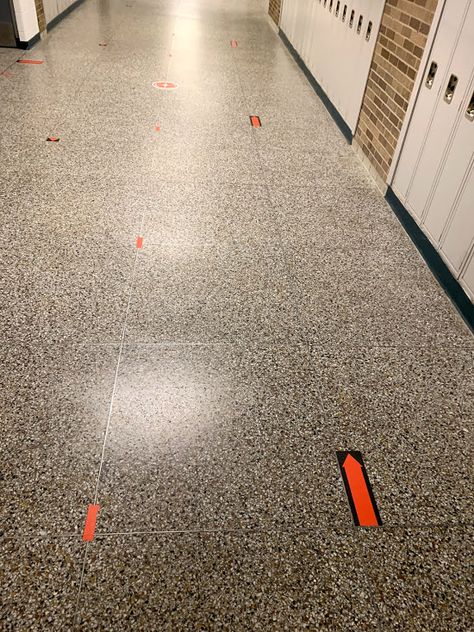 NRM middle school hallway. photo shows more walking direction stickers on the floor Middle School Hallway, School Hallway, School Hallways, Scenic Design, Junior High, On The Floor, New Kids, The Floor, Middle School