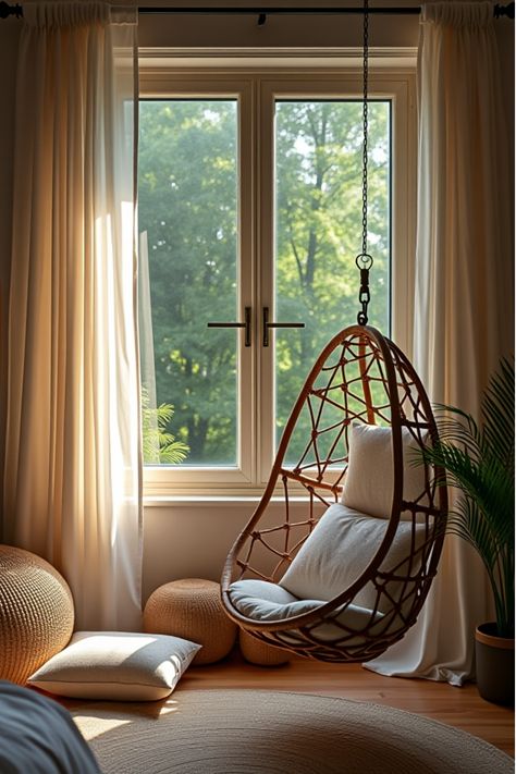 Boho window nook with floor cushions and hanging chair Chunky Jute Rug, Chic Bedroom Design, Boho Bedroom Design, Boho Chic Design, Cozy Boho, Boho Chic Bedroom, Bedroom Window, Contemporary Dining Room, Bedroom Windows