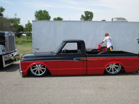 chevy c10 drop air suspension airbag red and black 1967 Chevy Truck, 72 C10, 67 72 Chevy Truck, 72 Chevy Truck, Lowrider Trucks, Dropped Trucks, Lowered Trucks, C10 Chevy Truck, Custom Chevy Trucks