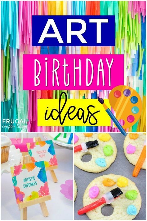 Calling all young artists that want to have some COLORFUL artsy fun. Get ready to celebrate with these Art Birthday Party Theme Ideas for kids. Art party favors, foods, decor, cakes, recipes, tables, crafts, and so much more. #FrugalCouponLiving #kidspartyideas #birthdayparty #party #birthdaypartydecorations #birthdaydecorations #partyideasforkids #birthday Party Theme Ideas For Kids, Art Party Foods, Art Birthday Party Ideas, Art Party Cakes, Art Birthday Party Invitations, Birthday Party Theme Ideas, Art Party Favors, Dollar Diy, Party Theme Ideas