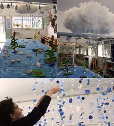 Collaborative Installation, Rain Installation, Clay Bottle, Sixth Grade Science, Reggio Classroom, Weather Projects, Mobile Hanging, Weather Unit, Plastic Milk