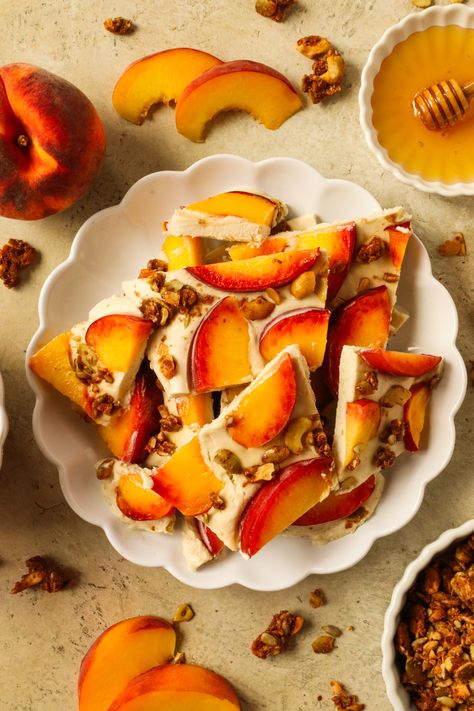 Peaches N' Cream Yogurt Bark Peach Frozen Yogurt, Yogurt Bark Recipe, Frozen Yogurt Bark, Yogurt Bark, Gluten Free Granola, Dairy Free Yogurt, Small Food Processor, Bark Recipe, Frozen Treat