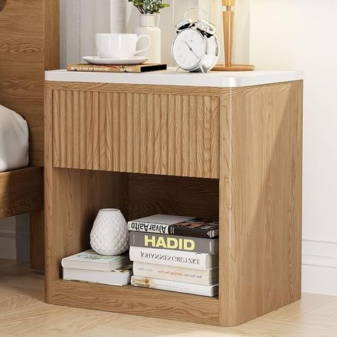 Amazon.com: Yusong Fluted Nightstand, Bedside Table with Faux Marble Top, 22" Large Modern Night Stands with Drawer Storage, Wood Side Tables End Table for Bedroom Living Room, Natural Oak : Home & Kitchen Night Stand Wood, Fluted Nightstand, Large Bedside Table, Nightstand Aesthetic, Large Bedside Tables, Marble Bedroom, Living Room Natural, Storage For Bedroom, Wooden Nightstand