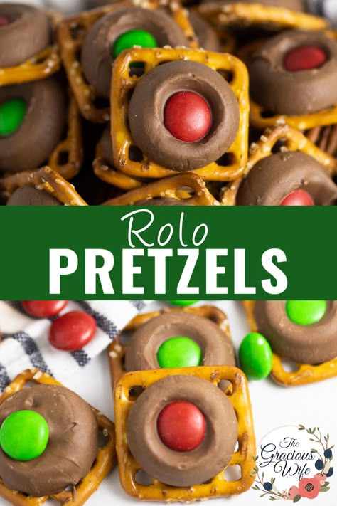 Rollo Pretzel Treats Christmas, Pretzel With Rolo Candy, Ritz Candy Recipes, Christmas Rolo Pretzels, Chocolate Rolo Pretzels, Turtles With Pretzels And Rolos, Pretzel Rolo M&m Recipe, Pretzel With Rolos And M&ms, Roll Pretzel Candy