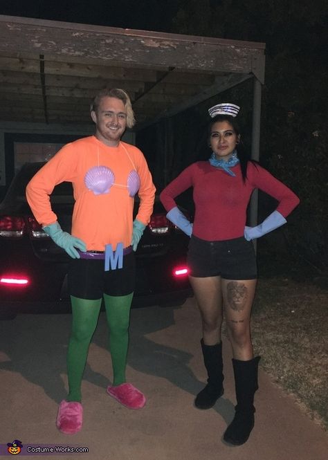 Shark Tales Couple Costume, Shark Tale Couple Costume, Sharkboy And Lava Girl Halloween, Shark Boy And Lava Girl Costumes Couple, Spongebob Mermaidman And Barnacle Boy Costume, Super Hero Couple Costumes, Super Hero Couples, Costume Ideas For Duos, Spongebob Costumes