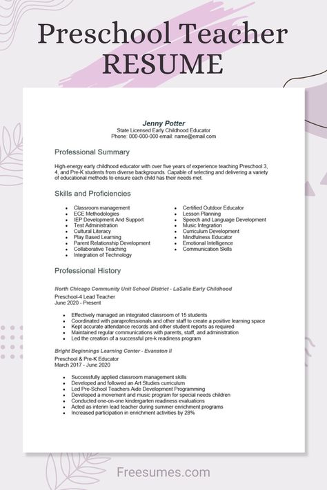 In this post, you’ll find a persuasive sample preschool teacher resume, followed by extra tips for writing and formatting. Preschool Teacher Resume Examples, Resume Examples For Jobs, Resume Examples Skills, Teacher Job Interview, Preschool Teacher Tips, Student Resume Examples, Reflective Essay Examples, Teacher Resume Template Free, Preschool Teacher Resume