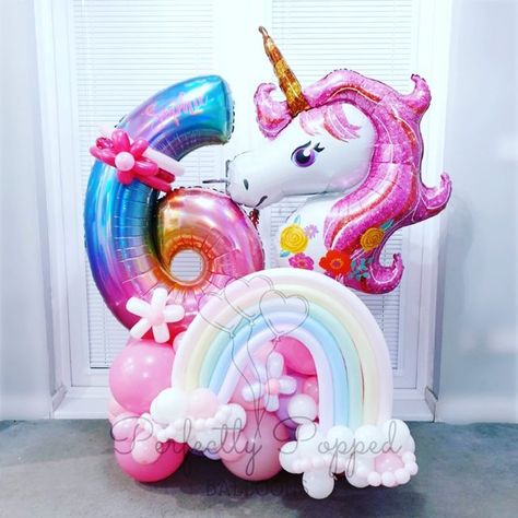 6 Balloon Bouquet, Unicorn Balloon Bouquet, Unicorn Number Cake, 6th Birthday Girls, Helium Balloons Birthday, Balloon Numbers, 7th Birthday Party Ideas, 6th Birthday Cakes, Training Business