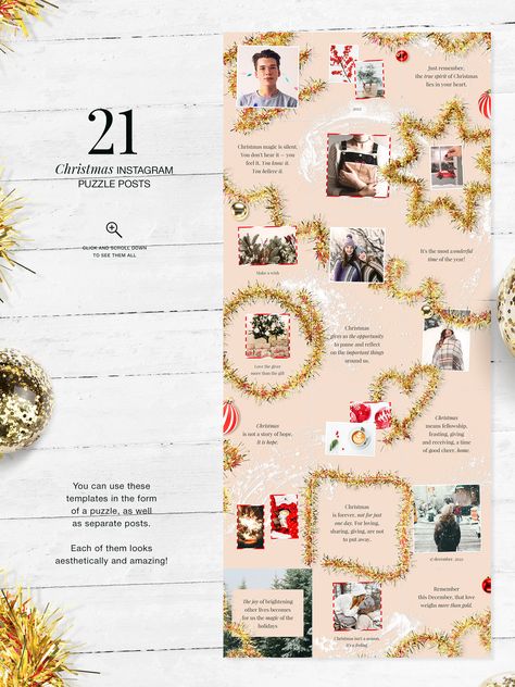 Christmas Instagram Puzzle | Feed & Stories templates | Canva & Photoshop - Especially for the most beloved party, I made a Christmas Instagram puzzle. Warm hues, glittery tinsel and Christmas decorations create a festive atmosphere. You will find 21 Christmas puzzle posts and 21 Christmas stories for Instagram. The photos I used as a demonstration are not included in the main archive. You can easily insert your photos. Also you can easily edit each post in Photoshop or in the online service Canva.com Features of this kit: - Extremely simple layout editing (help file with additional explanations is in the main archive) - 21 festive Christmas Instagram Puzzle posts in Square (1200x1200) and Stories (1080x1920) sizes; - Editable templates with Photoshop and free online service Canva; - 42 we Stories For Instagram, Instagram Puzzle Feed, Puzzle Feed, Christmas Instagram, Christmas Stories, Simple Layout, Christmas Puzzle, Instagram Puzzle, Online Service