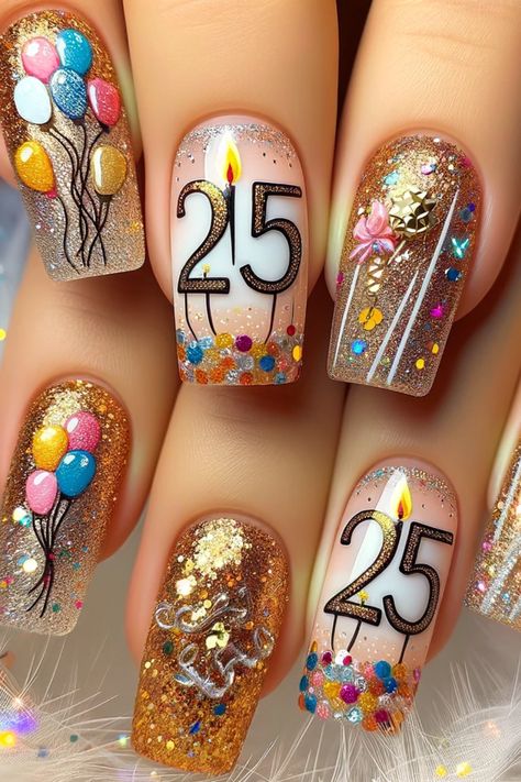 33 Birthday Nails to Celebrate Your Special Day Nail Happy Birthday, 33 Birthday Nails, 50 Th Birthday Nails, Birthday Party Nails Designs, 60th Birthday Nails, Birthday Themed Nails, 40th Birthday Nails Design, Happy Nails Designs, Golden Birthday Nails