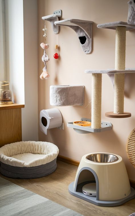 Cat Setup In Bedroom, Kitten Necessities, Cat Corner Ideas Spaces, Cat Room Design, Daisy Treats, Cat Setup, Cats Room, Cat Litter Cabinet, Cat Corner