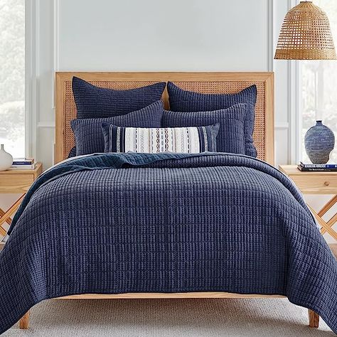 Hearth And Hand Bedding Target, Navy Blue Quilt Bedding, Navy Plaid Bedding, Navy Blue King Bedding, Navy Quilt Bedding, Waffle Quilt Bedding, Bedroom With Navy Bedding, Navy And Tan Bedding, Navy And Brown Bedding