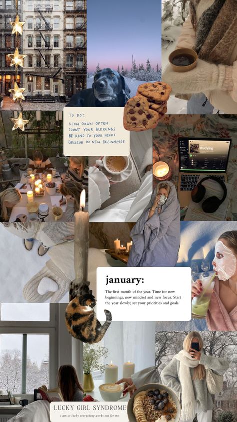 January vision board #newyearsresolutions #january #wallpaper #vibes #visionboard January Aesthetic Month, January Vision Board, January Mood, January Wallpaper, February Wallpaper, Wallpaper Vibes, Full Body Gym Workout, Mood Wallpaper, Lucky Girl